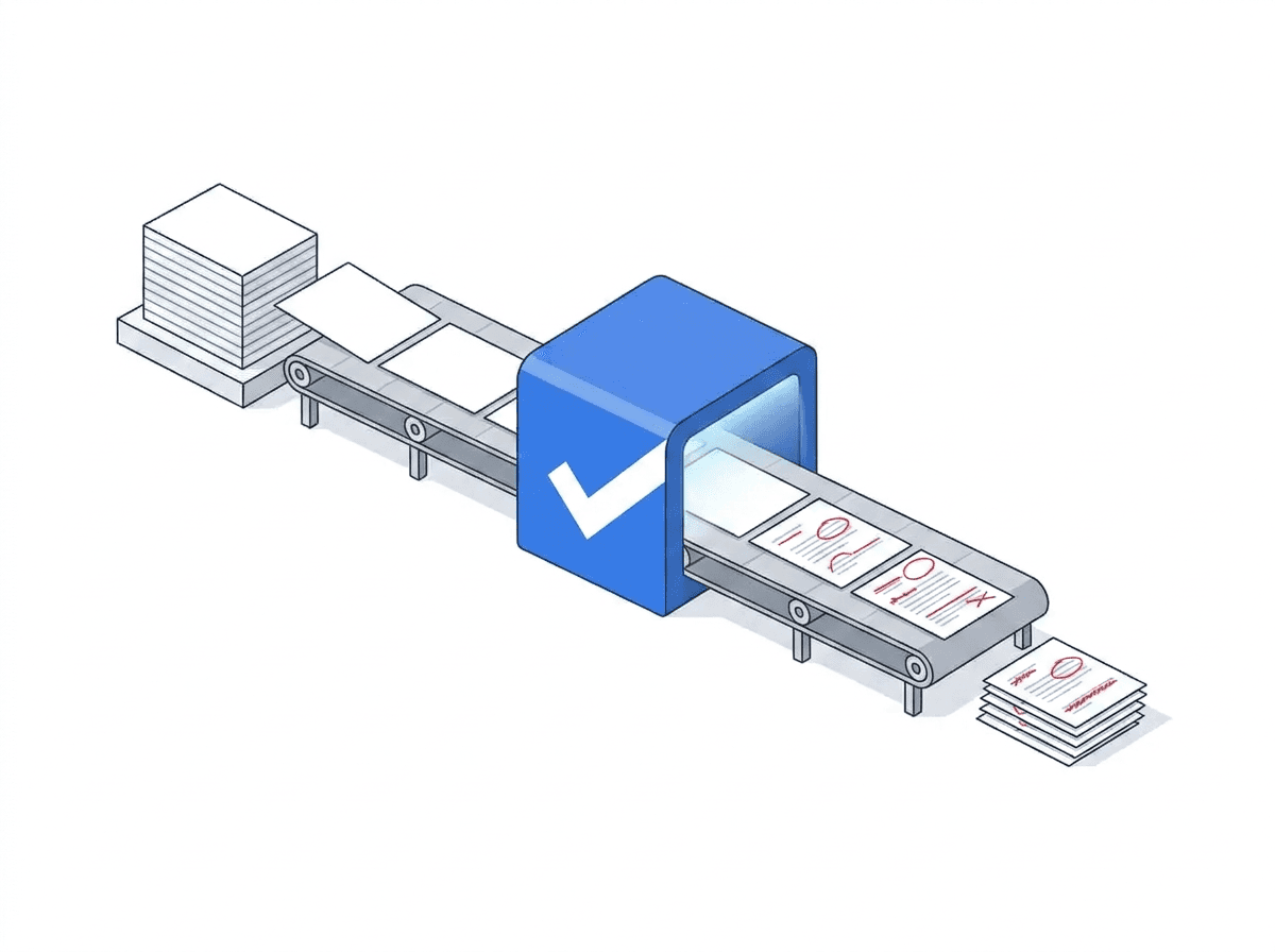 Sjálfvirk greiningarsamstæða sem vinnur skjöl á færibandi